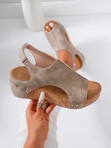 Women's Summer Softwood Wedge Sandals, Open Toe Back Strap Thick Sole High Heel Shoes, Rivet Faux Leather Comfort Mules