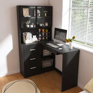 Computer Desk with Glass Cabinets & Built-In LED Lights, Corner L-Shaped Office Desk with USB Charging Ports, Keyboard Tray, Ergonomic Design for Home and Corporate Workspaces