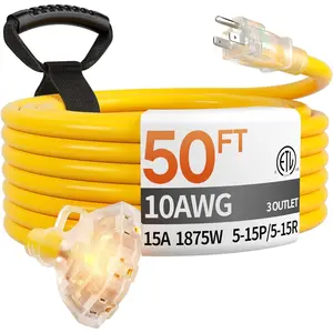 50 ft 10 Gauge Heavy Duty 3 Outlet Extension Cord Splitter with ,  Outdoor Extension Cord with Multiple Outlets, 15A 1875W for Workshop, ETL Listed, Flexible Yellow SJTW