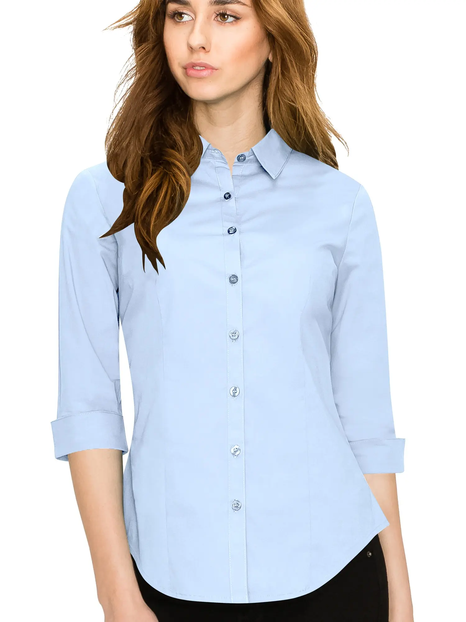 WT1947 Women's Solid 3/4 Sleeve Stretchy Button Down Collared Office, Formal, or Casual Blouse