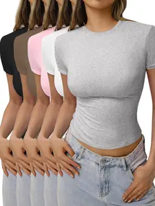 Women's Solid Color Tee, Casual Comfy Round Neck Short Sleeve T-shirt for Summer, Ladies Sleepwear for Daily Wear