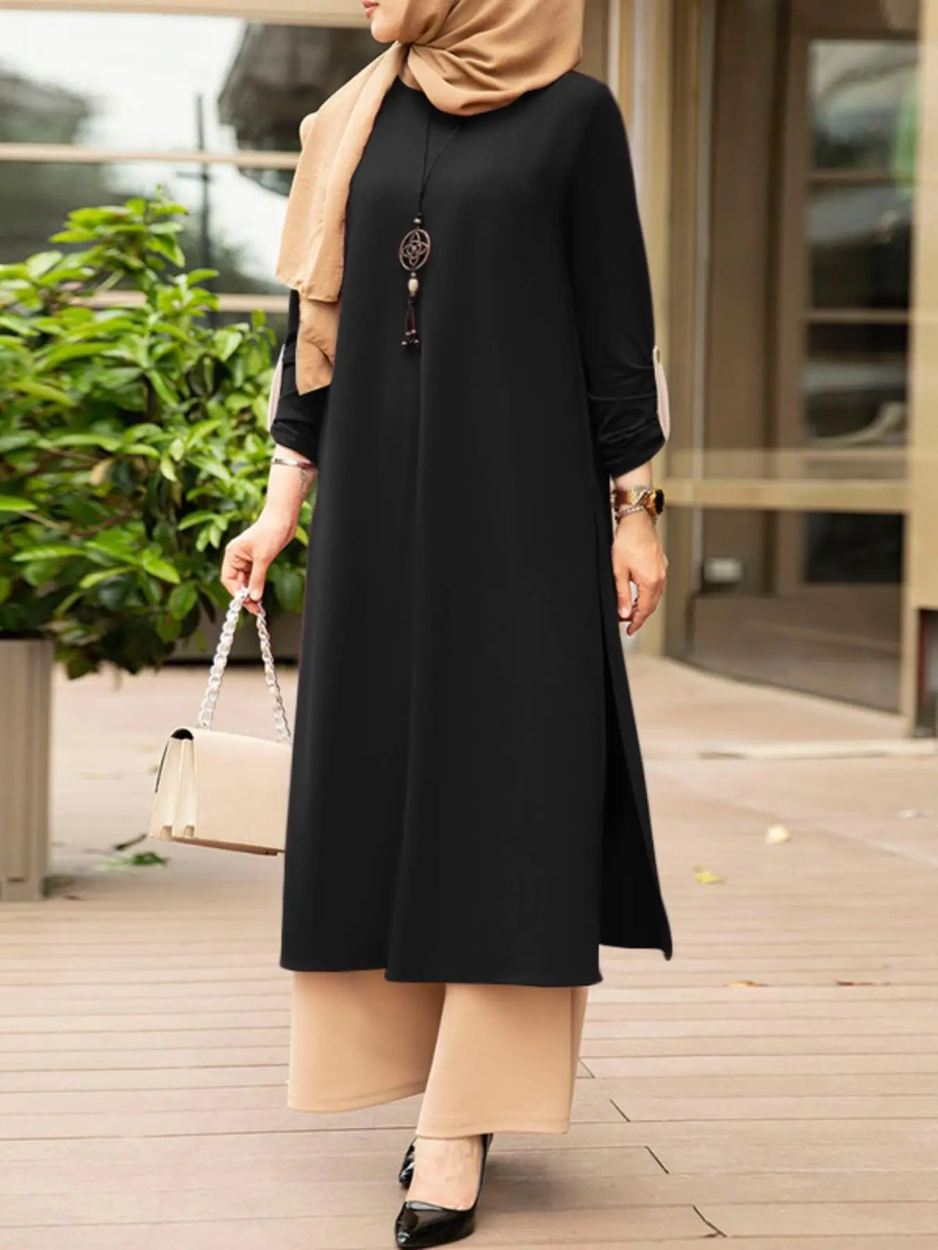 Women's Solid Color Keyhole Neckline Long Sleeve Dress, Casual Loose Long Shirt Dress for Daily Wear, Ladies Islamic Clothing for All Seasons