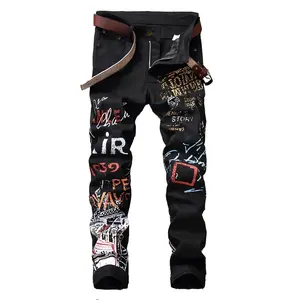 European & American Y2K Black Printed Jeans for Men - Slim-Fit Straight-Leg Distressed Snowflake Pattern Denim Pants - Durable Fabric, Hand Washable, Streetwear Style - Man, Menswear
