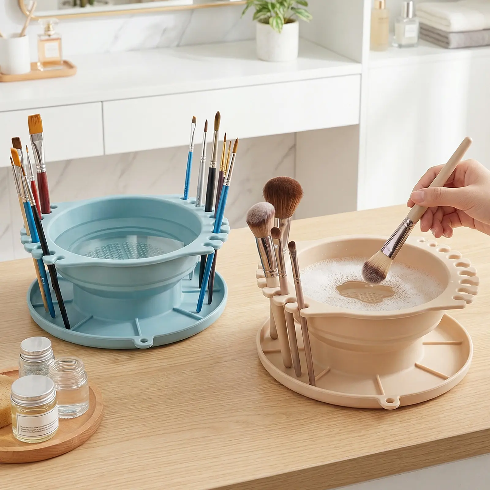 Collapsible Silicone Makeup Brush Cleanser Basin - Foldable Cleansing Container for Foundation, Eye, Lip Brushes, Easy-Clean, Portable for Travel, Home