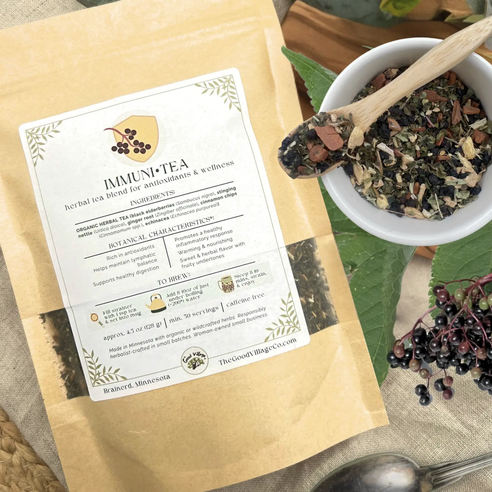 Immuni•Tea: Loose-Leaf Herbal Tea Blend for Antioxidants & Wellness (Caffeine-Free) Traditional Organic Beverage with Elderberry, Echinacea, Stinging Nettle & Cinnamon for Seasonal Wellness, A