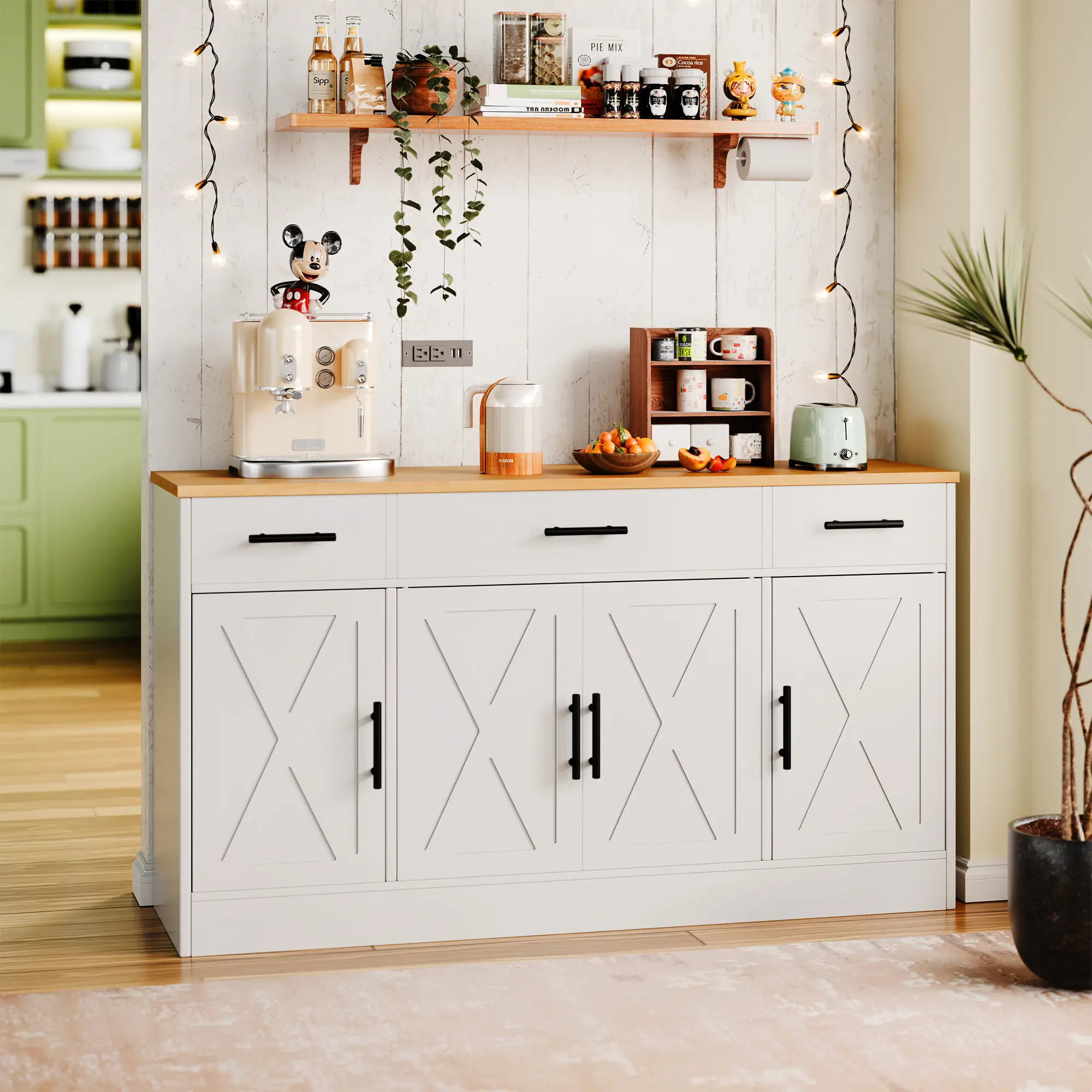 Walsunny Kitchen Buffet Sideboard Cabinet with 4 Doors and 3 Drawers, Entryway Adjustable Storage Shelf, Farmhouse Coffee Bar Cabinet for Kitchen, Whi