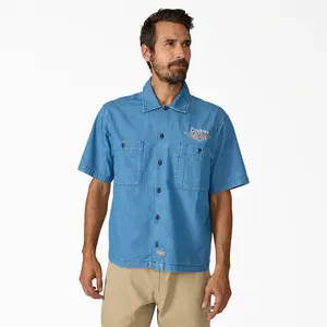 Dickies Gender Neutral X Harley-Davidson Boxy Fit Chambray Embroidered Work Shirt, Graphic Print Embroidered Logo, Workwear Layering Style