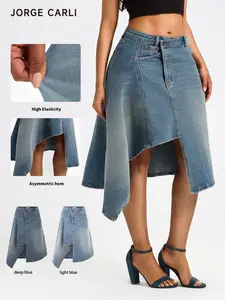 JORGE CARLI  Women's Mid-Waist Asymmetric Hem Stretch Denim Skirt, Fashionable Summer Style, Short Jean Dress for Ladies