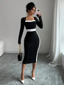 Women's Elegant Chic Patchwork Colorblock Midi Dress, Sexy Bodycon Fit Long Sleeve Dress, Fashionable Fall & Winter Clothing