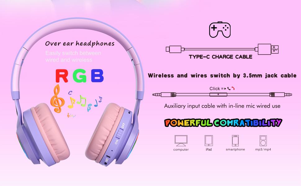 WT-7S Kids Bluetooth Headphones Light Up, Foldable Stero Wireless Headset,with Microphone and Volume Control,Comfortable and Durable,for PC/Tablet/TV/Travel(Purple)