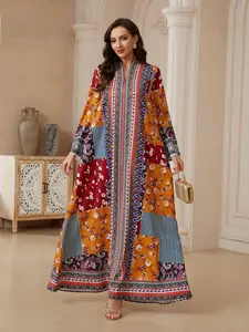 Middle Eastern Ramadan Eid Abaya, Colorblock Floral Cashmere Long Robe, Dubai Style Ethnic Koftan, Traditional Women's Dress