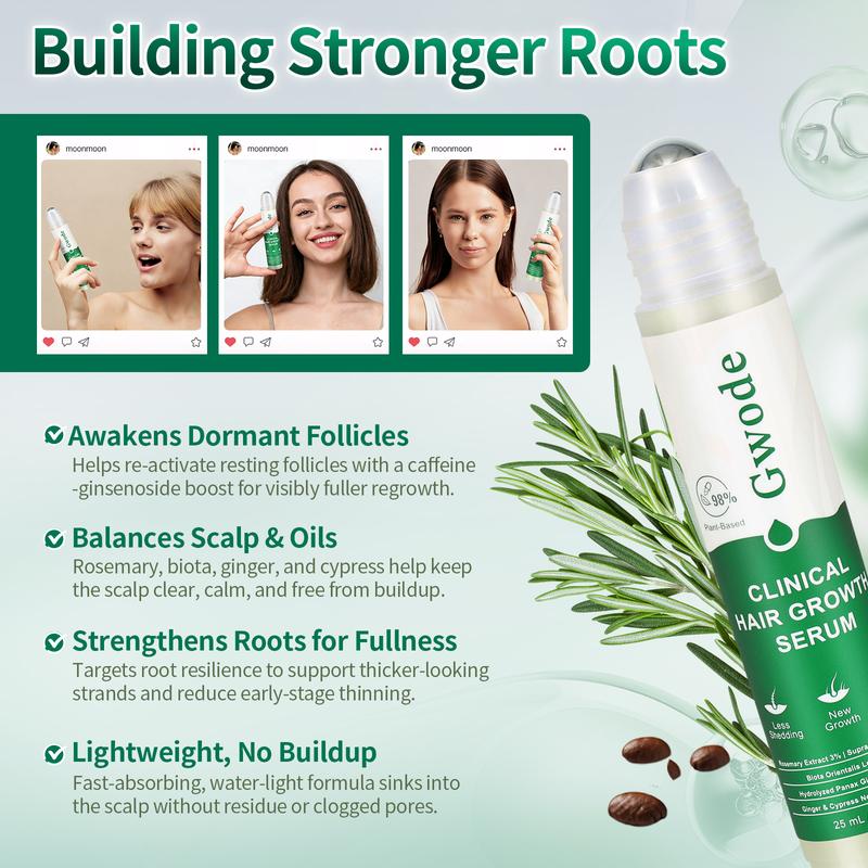GWODE - doctor-approved Hair Growth Roll-On — Target Thin Edges with 3% Rosemary + Caffeine Complex | Lightweight, Fast-Absorbing Scalp Serum