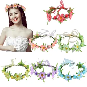6 count Adjustable Boho Flower Crowns with Elastic Ribbon Floral Headbands Garland Bridal Bridesmaid Women Girls Teens  Headpiece for Hawaiian Party Wedding Beach Festival