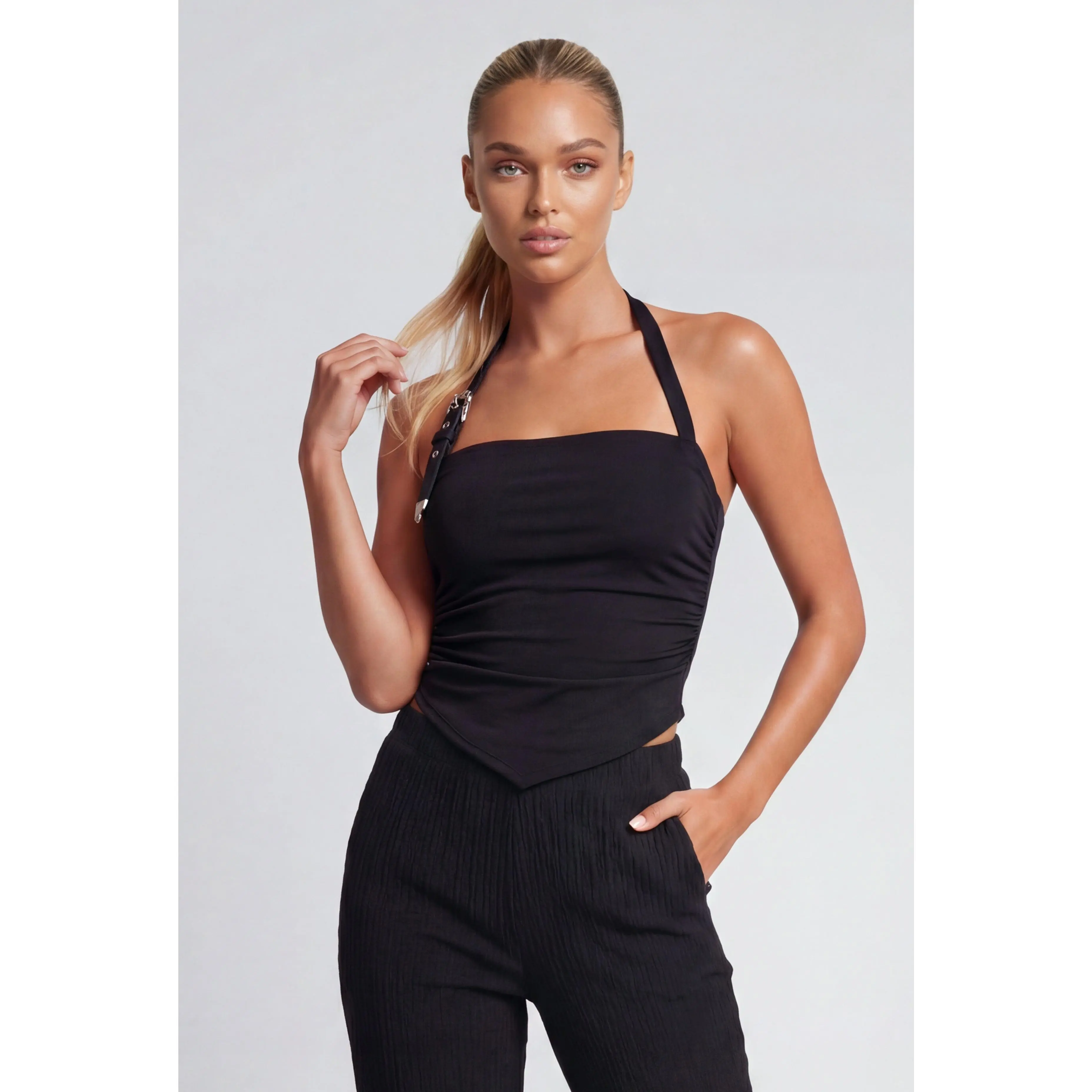 Western Buckle Halter Handkerchief Top