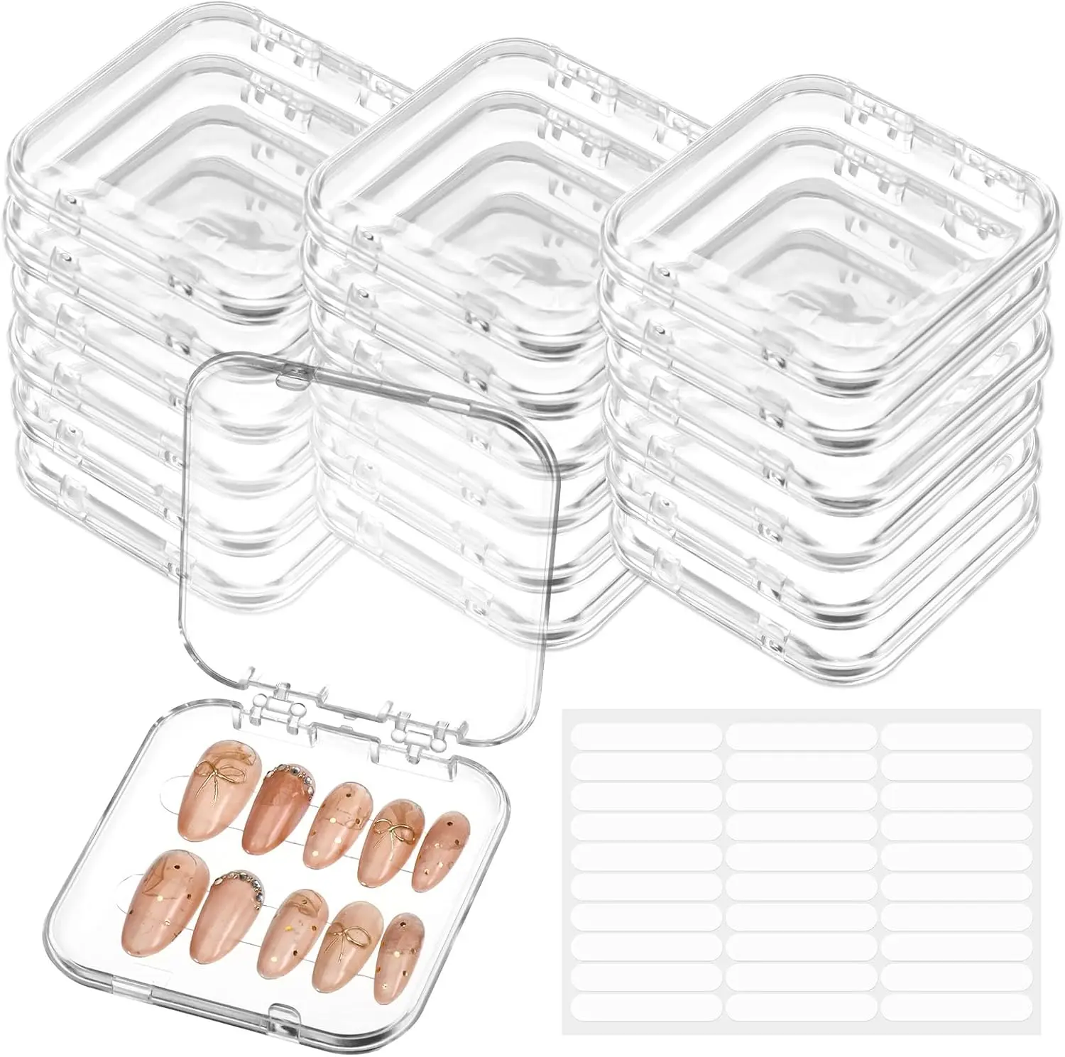 Halloween Gift 10 Pcs Press on Nail Storage Box, Clear Acrylic Fake Nail Display Container with 45 Pcs Double Sided Adhesive Tapes for Daily Nail Use and Nail Salon