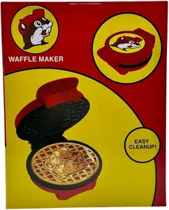 Buc-ee's Waffle Maker with Non-Stick Plates, Even Browning Technology, Cooking Indicator Light, Quick Clean Design, Red and Yellow