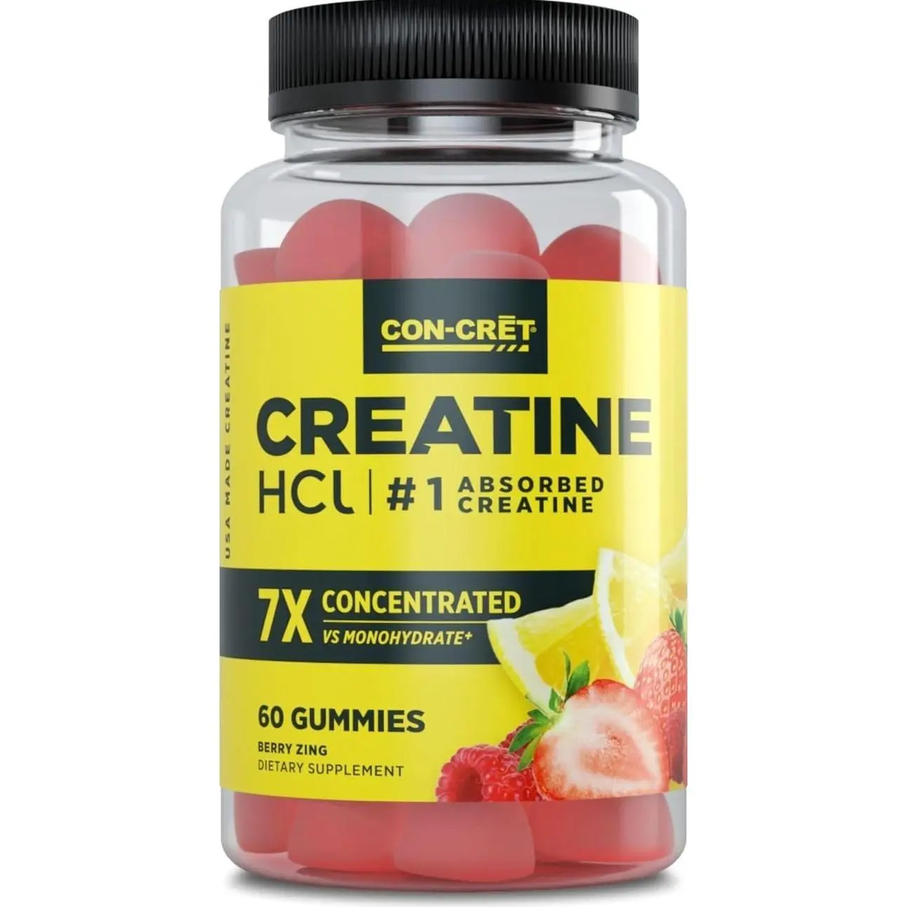 CON-CRET Creatine HCl Gummies for Men & Women | Muscle, Cognitive, Cellular Energy Support | No Bloating or Cramps | USA Made | Berry Zing (60 Count)