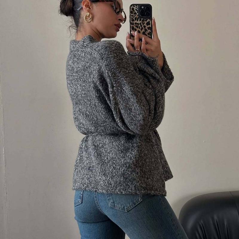 Women’s Marled Knit Wrap Cardigan, Soft Chunky Knit Sweater with V-Neck, Oversized Lantern Sleeves, Belted Tie Waist, Loose Fit Cozy Cardigan for Casual, Work & Everyday Wear