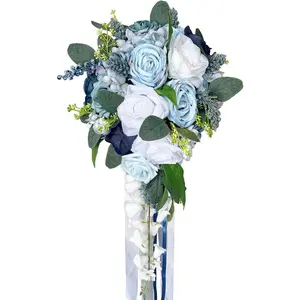 10 Inch Dusty Blue White Cascading Wedding Bouquets for Bride Silk Artificial Flowers Big Bridal Bouquet for Wedding Boho Rustic Church Vintage Tossing Bouquet Premade Ceremony Anniversary Decor