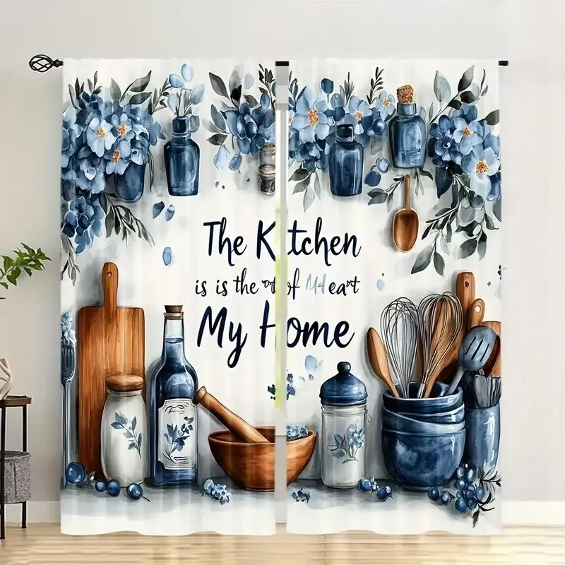 2-Piece Kitchen Curtain Set, Home Decorative Curtain, Stylish Home Decoration Curtain Rod Pocket Window Curtains with Floral Print for Bedroom & Living Room, Comfortable Atmosphere, Easy Installation, Interior Decoration Accessories
