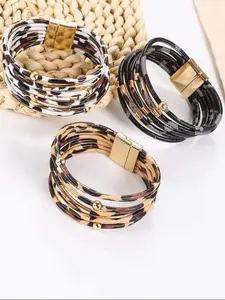 Leopard Print Beaded Layered Bangle, Trendy Stack Bangle, Fashion Accessory for Women, Perfect for Daily Wear or Special Occasions, All Seasons, Casual Style, Fashionable Bangle, Trendy Bangles
