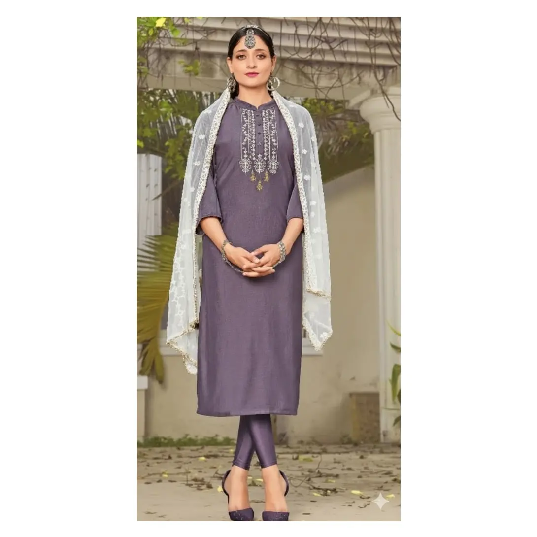#Core-2 Elegant Purple muslin base kurti with embroidery and net dupatta with lace border.(Kurthi+Dupatta)
