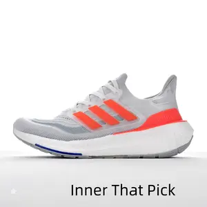 Light gray breathable woven mesh lace-up running sneakers, bright orange translucent stripe overlays, soft bouncy shock-absorbing foam midsole blue-tipped anti-slip rubber outsole lightweight supportive athletic trainers for road jogging
