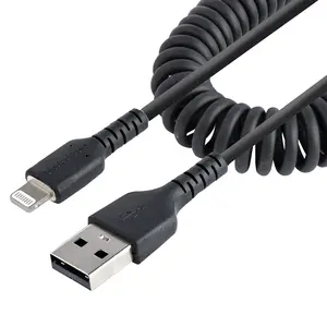 Startech RUSB2ALT1MBC Coiled USB to Lightning Connector Cable - 3.28 ft, Compact Travel Collapsible Plug Charger Adapter Cable for Mobile Phones, Plug Cables