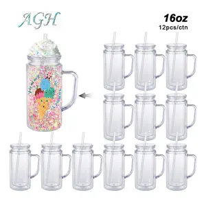 AGH US NEW 16 OZ 12pcs Double Wall Plastic Handle Tumblers Sonw Globe Cups Lava drip tumbler with  Clear Lids, for DIY Glitter Gifts, with Pre Drilled Hole Plug