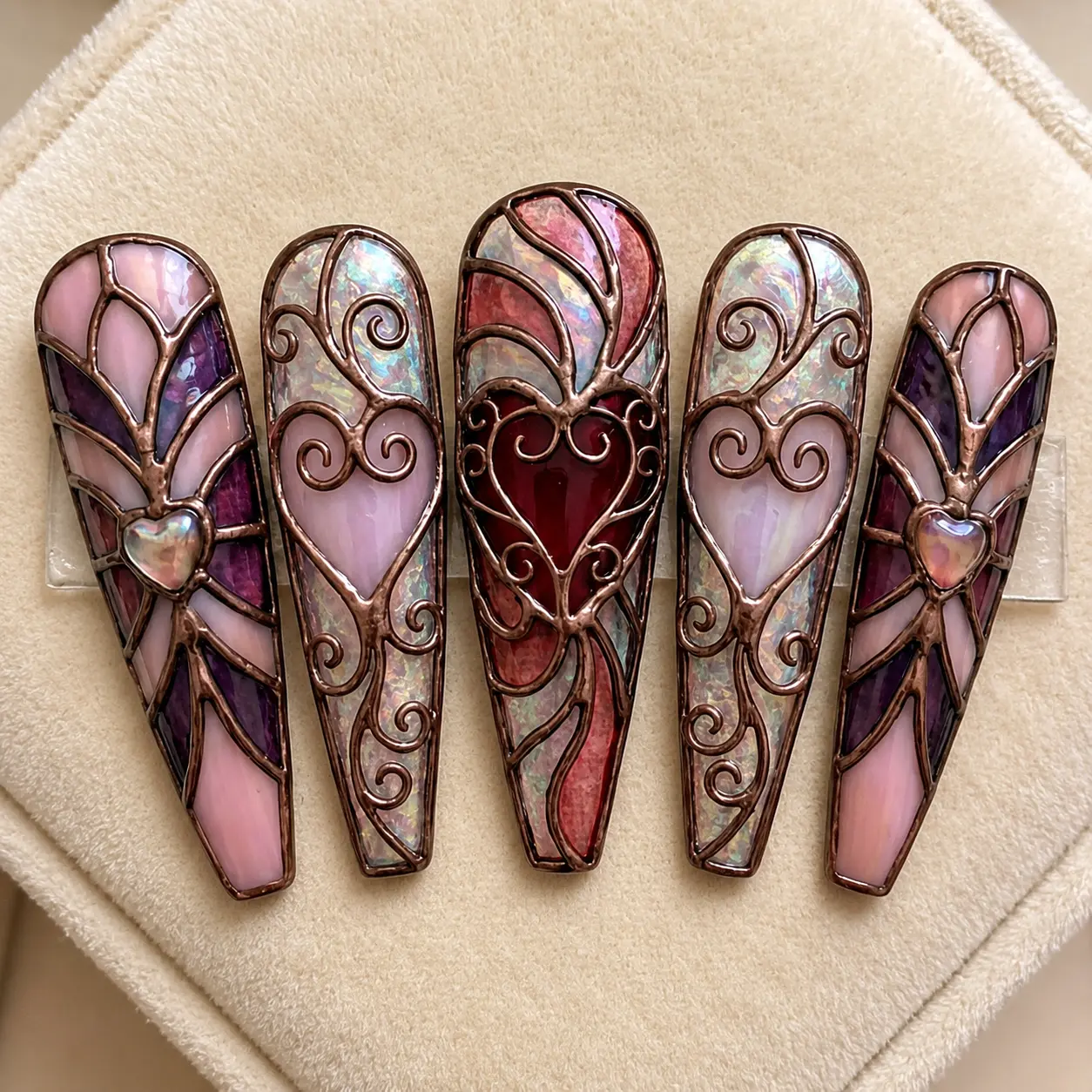 Gothic Rose Heart Stained Glass Press On Nails | Handmade Burgundy Pink Heart Nails | Luxury Vintage Romantic Press On Nails