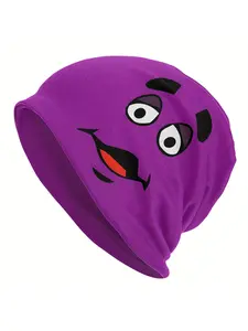 BIIHUDU Unisex Grimace Cartoon Skull Cap - Hip Hop Beanie Hat with Transparent Design, Black & White Cartoon Face Pattern, Breathable Polyester Blend for Casual Wear, Casual Wear Hat | Playful Design | Knitted Texture