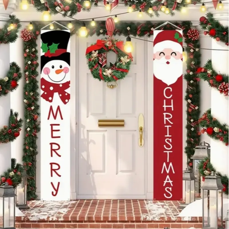 Christmas Porch Sign Set, Snowman Christmas Decorations, Happy Holidays Hanging Flag, Welcome Winter Door Banner, Indoor Outdoor Wall Decoration