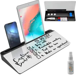 Desk Whiteboard Glass - 15-Inch Glass Dry Erase Board for Desk with Mobile & Tablet Stand, Office Supplies for Desktop with 3 Colored Markers, Spray Bottle, & Storage Box - Black & White