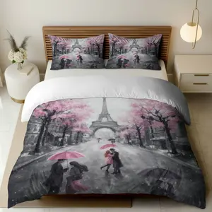 3PCS Duvet Cover Set, 1 Duvet+2 Pillowcases(Without filler), Paris Romance Pink Umbrella Cherry Blossom Eiffel Tower theme, Valentine's bedding set, Decorative Duvet Cover, Elegant Artistic Decor Suitable for bedroom, hotel, guest room, and living room.