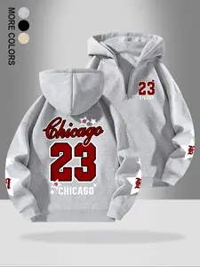Men's Letter Number Graphic Pattern Print Half-Zip Athletic Sports Fitted Knit Fabric Long Sleeve Hoodie, Essential Fleece-Lined Sweatshirt, Casual Fall & Winter Wear