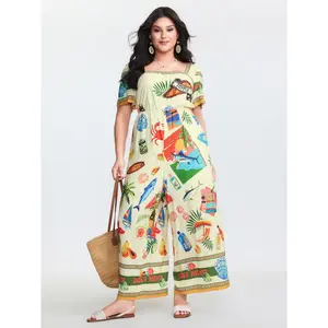 BLOOMCHIC Plus Size Polyester-Rayon Bohemian Island Print Square Neck Smooth Jumpsuit - Sleeved, Pockets, Flattering Fit,, [M-6X]2026 Summer Vibes Swimweek