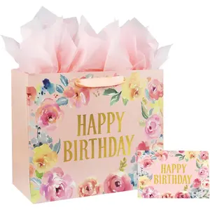 13" Large Happy Birthday  Bag with Card and Tissue Papers, Handles Floral Design for Women Girls Birthday Party (13" )