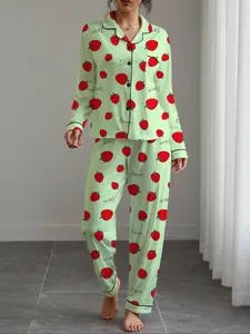 Women's Strawberry Print Sleepwear Set Pajamas, Casual Long Sleeve Shirt & Elastic Pants, Soft Stretch Fabric, Fall Winter Home Wear