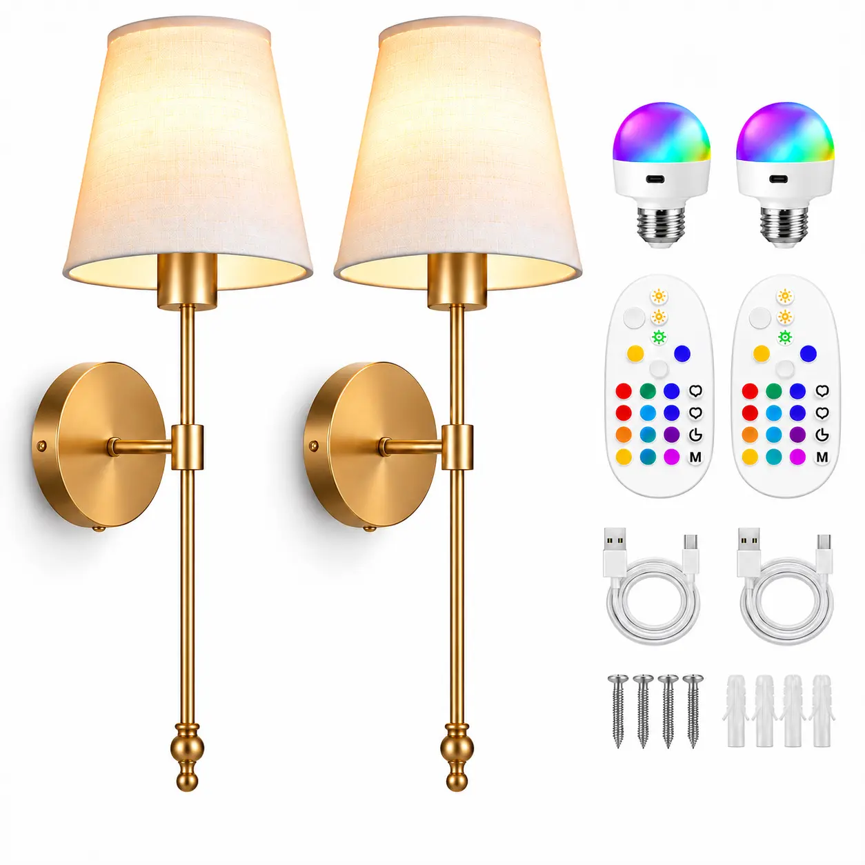 2-Pack Rechargeable Battery Wall Sconces, Indoor Wireless Dimmable  Mood Lights with Remote, 15 Color Modes, Type-C Charging, Bulbs Included, LED Fixtures with Adjustable Brightness, Ambient Night Lamp for Bedroom, Vanity & House Decor, Christmas Gift rgb