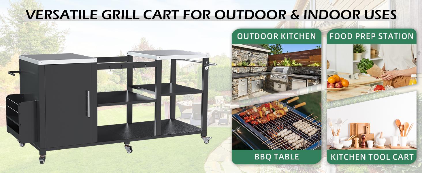 YODOLLA Outdoor Grill Table for Big Green Egg, 69.7" Stainless Steel Grill Cart with Cabinet & Shelves, Heavy Duty 920LBS Outdoor Kitchen Island, Compatible with Large Big Green Egg, Kamado Joe Classic