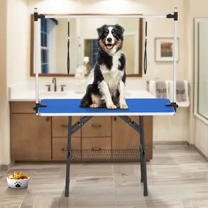 YITAMOTOR 46" Dog Grooming Table, Foldable Home Pet Bathing Station Table with Adjustable Arm, Non-Slip Desktop, Storage Tray& Noose, Blue