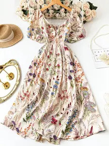 Elegant Floral Dress with Square Neck Design, Bow Back Belt, Casual Vacation Wear, Spring Summer Fall Fashion, Loose Comfortable Skirt, Bohemian