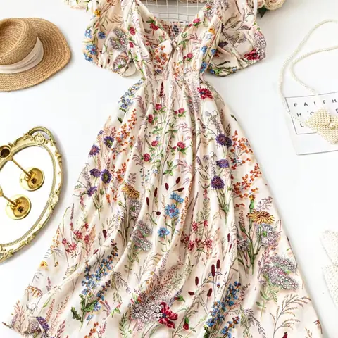 Elegant Floral Dress with Square Neck Design, Bow Back Belt, Casual Comfy Boho Vacation Wear, Boho Floral Printed, Spring Summer Fall Fashion, Loose Comfortable Skirt, Bohemian, Elegance, Boho, Casual Boho Style, Boho Style Clothes, Womenswear