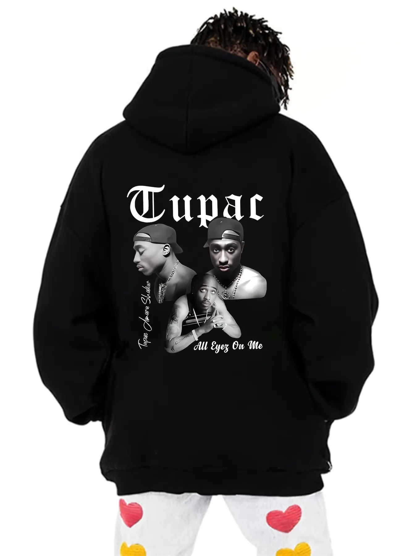 Men's Tupac Print Hoodie, Casual Pullover, Back Thug Life Letter Print, All-Season Comfort Design, Front Pocket & Adjustable Cap, Streetwear, Hooded Pullover Sweatshirt