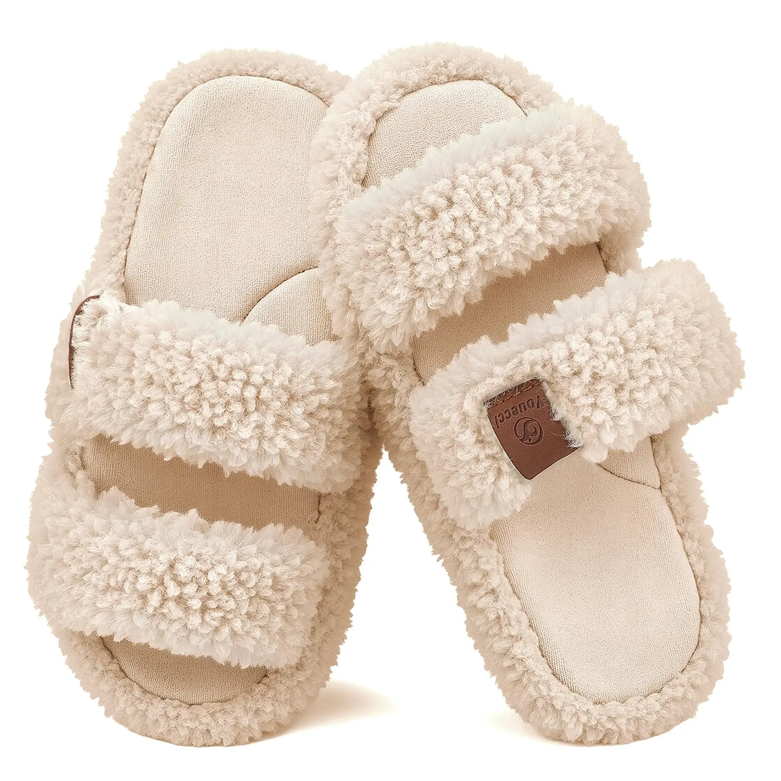 Warm Comfy Fuzzy Slippers｜Memory Foam Indoor Slides with Arch Support, Dual-Strap Open Toe House Shoes for Women & Men