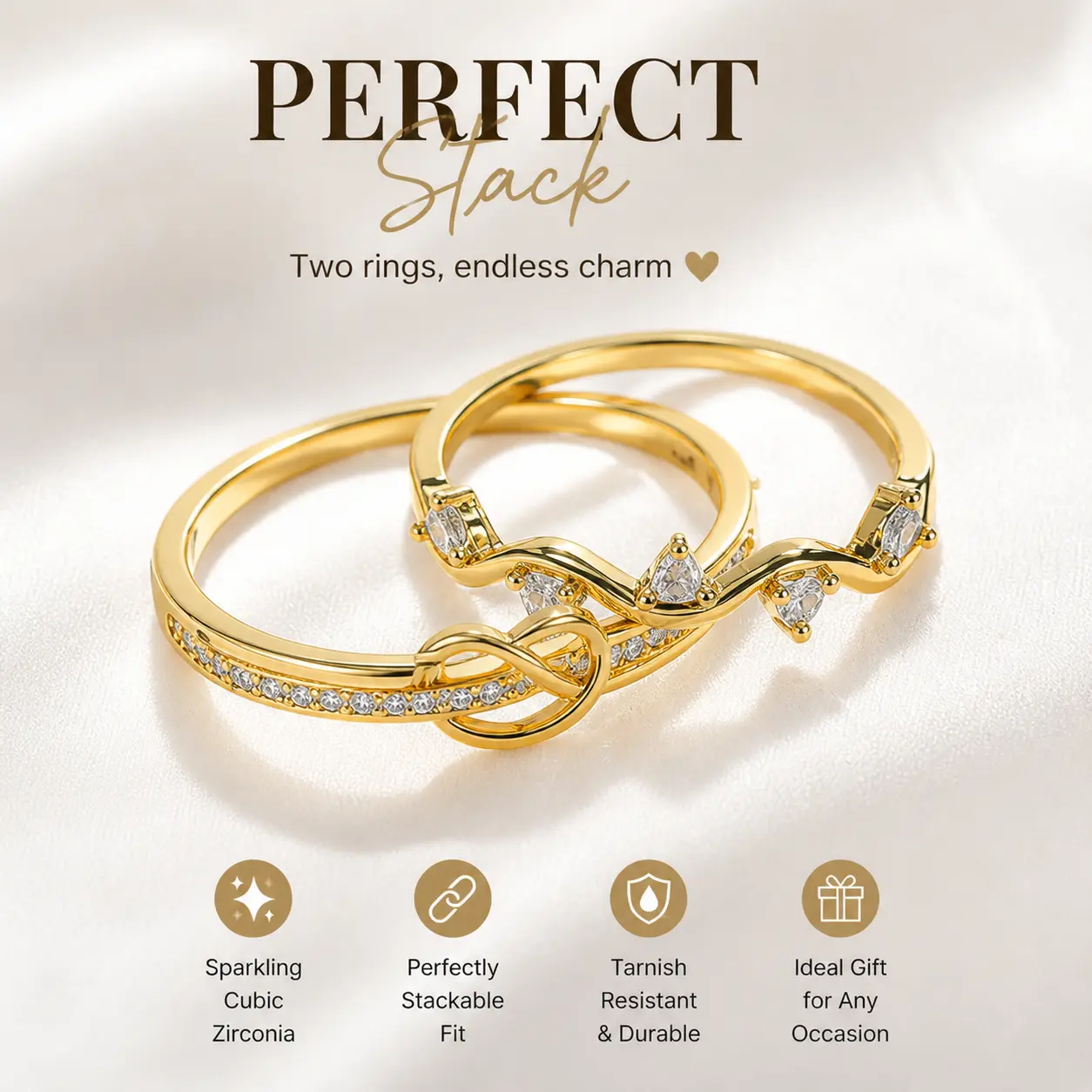 Women's 2-Ring Stackable Pair | Unique Jewelry Accessories for Women with Sparkling CZ Infinity & Wave Crystal Gift Pieces