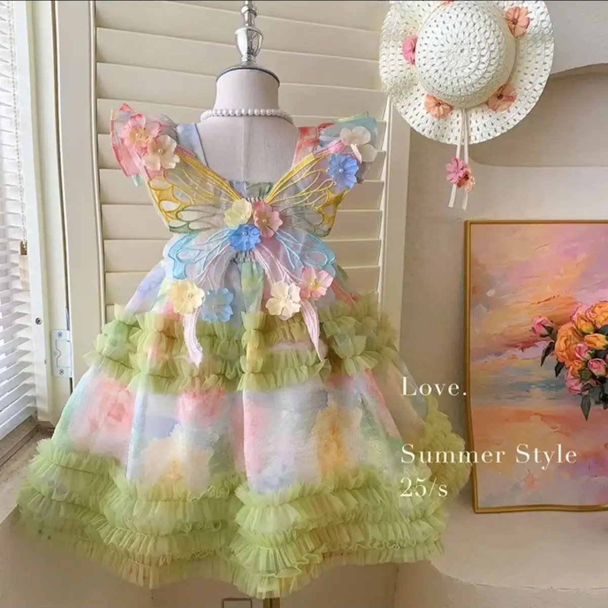 Toddler Girls Dress Butterfly Print Fly Sleeve Frills Casual Dress Kids Fashion Summer Dress 12 18 24 Months 1 2 3 4 5 Years