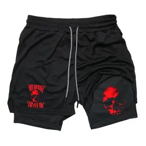 Red Skull "No Desire To Fit In" Men's Streetwear 2-in-1 Shorts Sweat Shorts with No Desire to Fit In Print Drawstring Waist Casual Summer Shorts for Men Trendy Drip Clothing