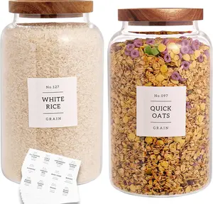Set of 2 Large Glass Jar with Airtight Acacia Lid and 132 Kitchen Pantry Labels, Clear Glass  Storage Jars Containers for Rice Flour Pasta Sugar Coffee Cookie and More(98 Fl Oz/2800 Ml)