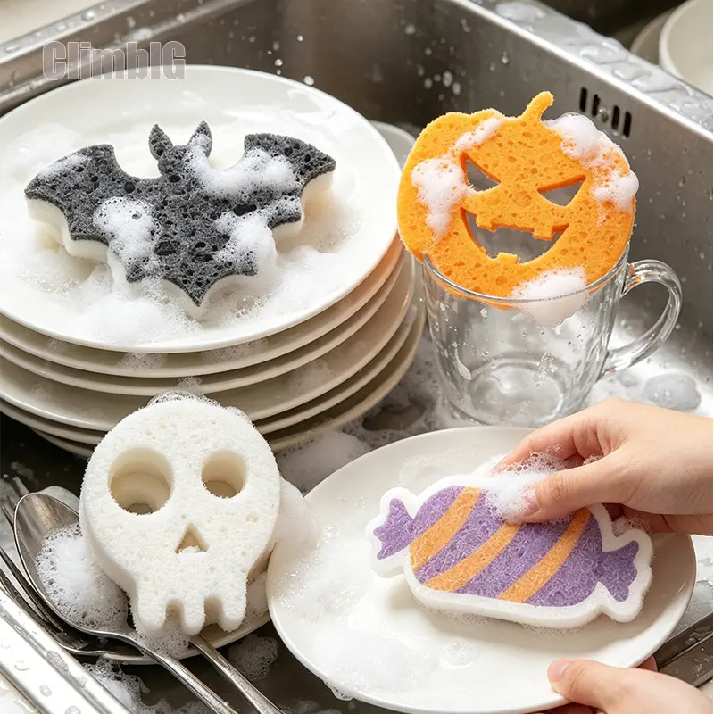 2PCS Halloween Cleaning Sponge, Cute Ghost Pumpkin Bat Candy Shape Dish Scrub Sponge, 3-Layer Double-Sided Kitchen Sponge Eraser, Multi-Purpose Bathroom Toilet Cleaning Tool, Spooky Season Kitchen Accessories, Holiday Home Essentials
